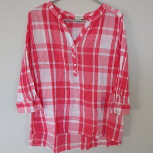 St. John's Bay Tonic Blouse, Pink & White Plaid Shirt With a V-neckline Size L